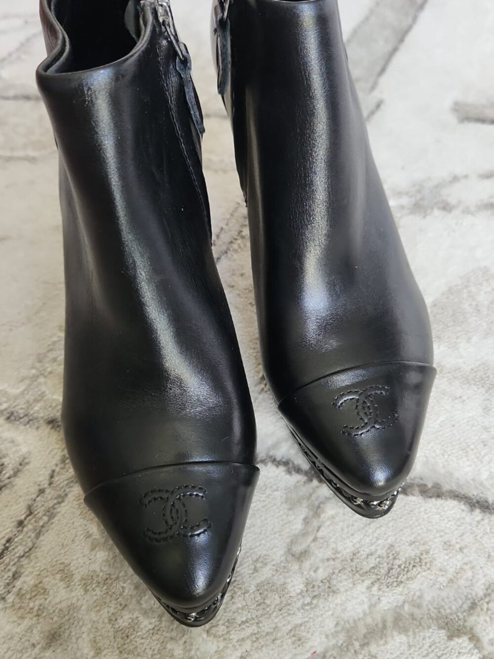 CHANEL Black Leather CC Cap Toe Ankle Booties.